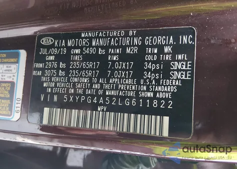 2020 Kia Sorento 3.3L Lx z USA, uszkodzony, nr VIN 5XYPG4A52LG611822